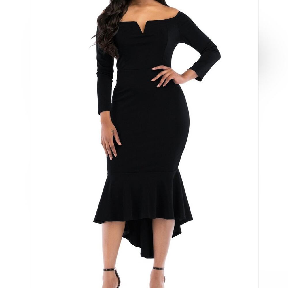 New Black Party Dress‎ Fishtail Bodycon Long Sleeve Dress Sexy Event Size L